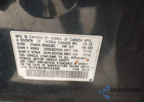 2006 Honda Ridgeline Rts from USA, damaged, VIN 2HJYK16436H544490